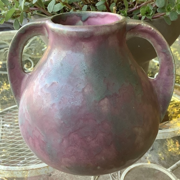 Vintage Greenish Gray Pink Glazed Two Handle Pottery Vase - Picture 1 of 8